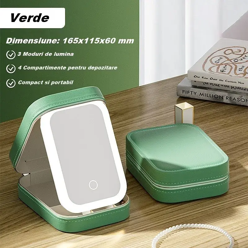Portfard, Geanta Cosmetice, cu Oglinda LED, 3 Moduri de Lumina, Incarcare USB, Baterie 1200 mAh, pentru Organizarea Cosmeticelor, 4 Compartimente, Imitatie Piele, Verde, 16.5x11.5x6 cm (3)