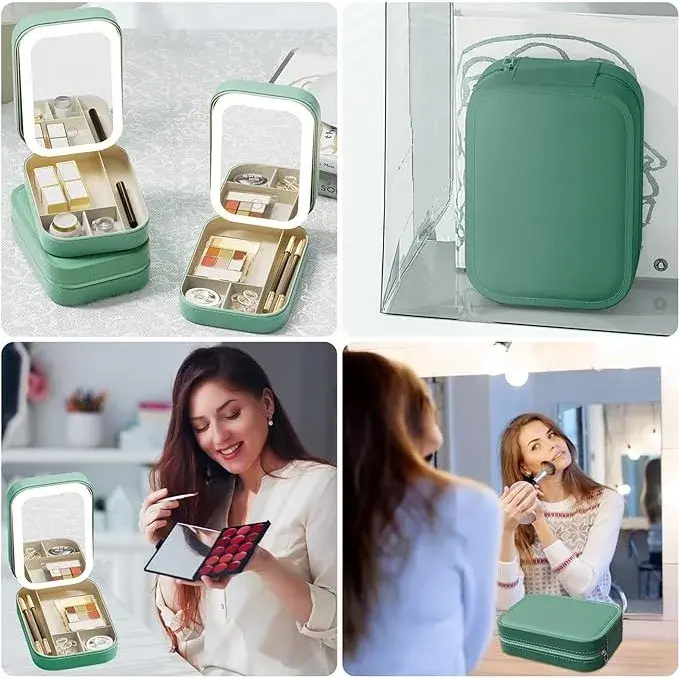 Portfard, Geanta Cosmetice, cu Oglinda LED, 3 Moduri de Lumina, Incarcare USB, Baterie 1200 mAh, pentru Organizarea Cosmeticelor, 4 Compartimente, Imitatie Piele, Verde, 16.5x11.5x6 cm (4)