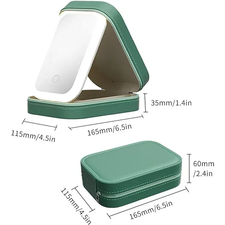 Portfard, Geanta Cosmetice, cu Oglinda LED, 3 Moduri de Lumina, Incarcare USB, Baterie 1200 mAh, pentru Organizarea Cosmeticelor, 4 Compartimente, Imitatie Piele, Verde, 16.5x11.5x6 cm (5)