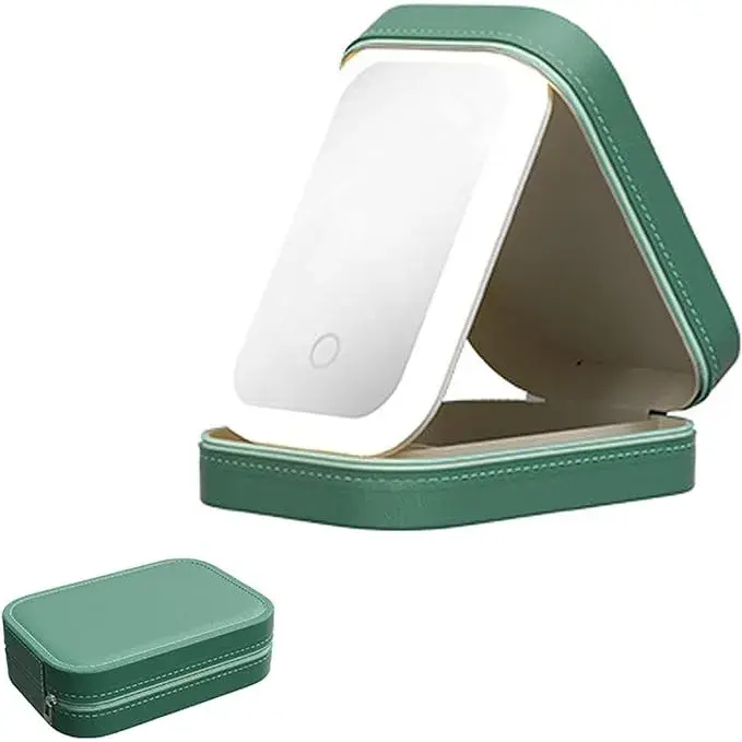 Portfard, Geanta Cosmetice, cu Oglinda LED, 3 Moduri de Lumina, Incarcare USB, Baterie 1200 mAh, pentru Organizarea Cosmeticelor, 4 Compartimente, Imitatie Piele, Verde, 16.5x11.5x6 cm (6)