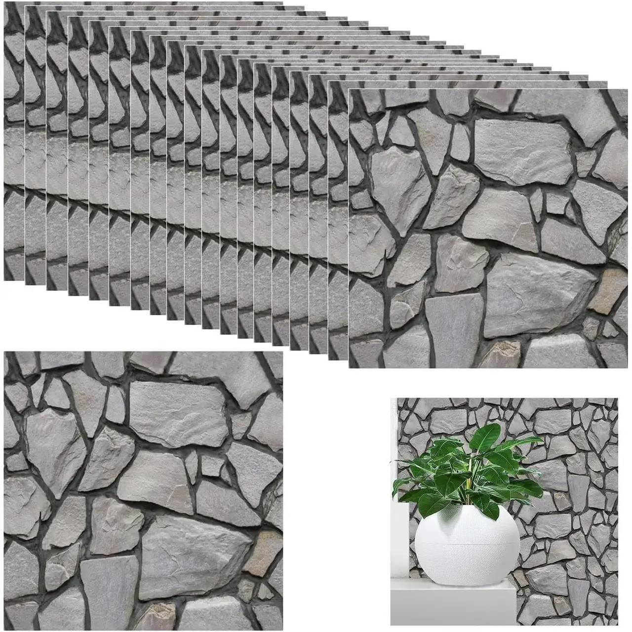 Set 10 x Placi Tapet Autocolant 3D cu Imitatie de Pietre, pentru Perete Bucatarie Sufragerie, Usor de Curatat, Rezistent la Apa, Autoadeziv, 30x30 cm, Gri (3)