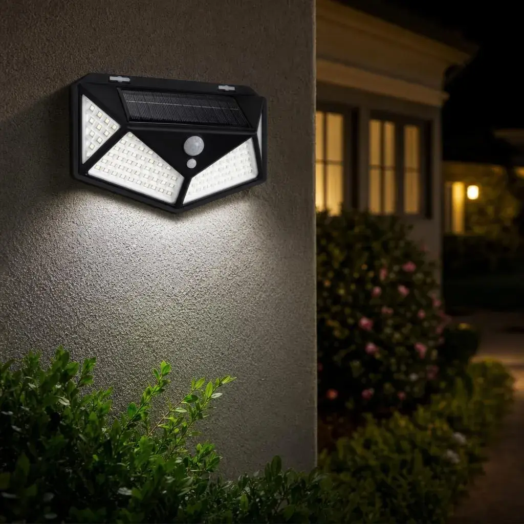 Lampa Solara, Iluminare pe Patru Fete, 114 LED-Uri, Alimentare Solara, pentru Gradina, Curte si Terasa (3)