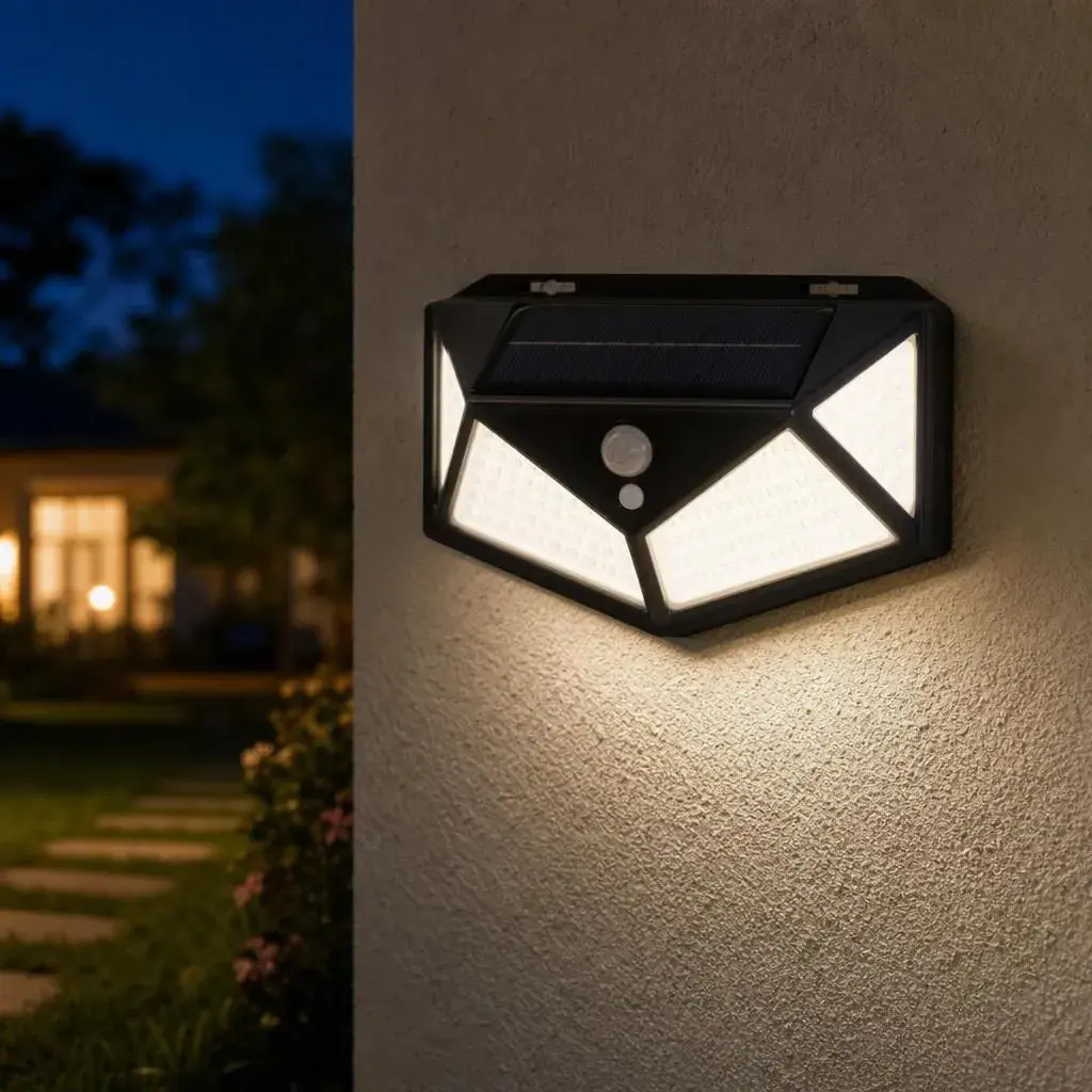 Lampa Solara, Iluminare pe Patru Fete, 114 LED-Uri, Alimentare Solara, pentru Gradina, Curte si Terasa (5)