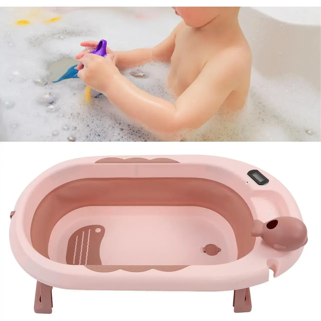 Cada de Baie, pentru Copii 0 luni - 6 Ani, cu Termometru, Pliabila, Perna Suport Inclusa, din Plastic, 81.5 x 49 x 21.5 cm, Roz (2)