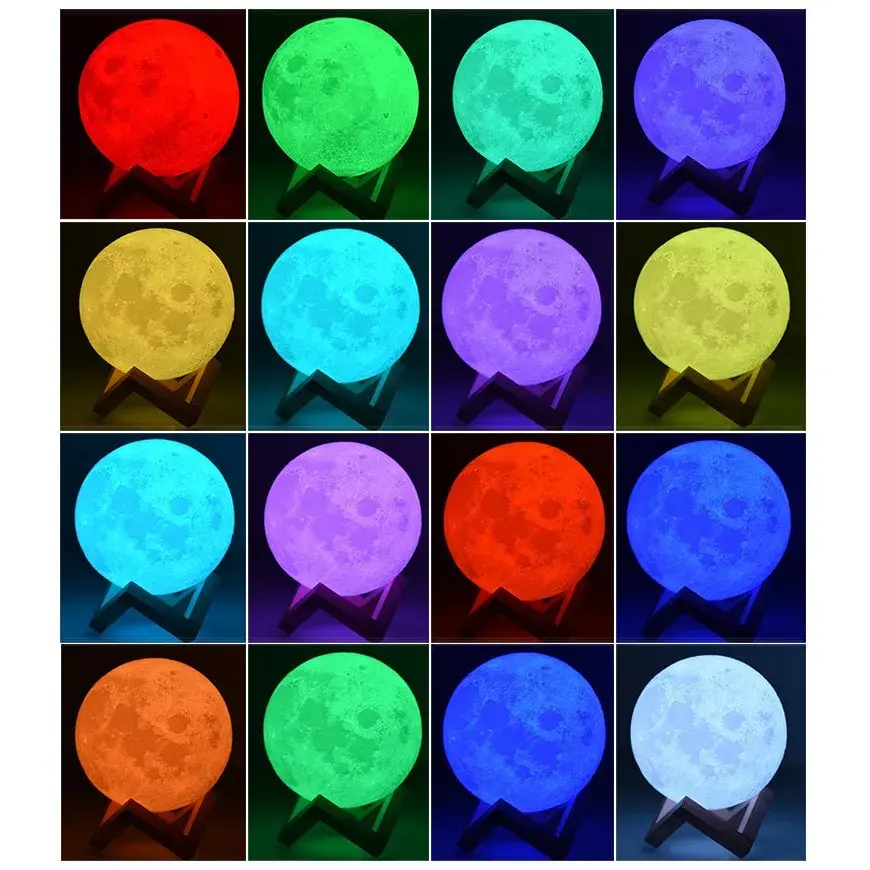 Lampa de veghe luna 3D Moon Light, lumina multicolora cu LED, 7 culori, schimbare culoare prin atingere, alimentare baterii, fara acumulator, stand din plastic inclus, 18 cm (8)
