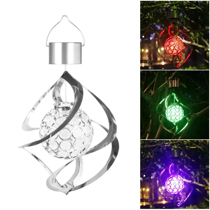 Lampa solara LED RGB spirala pentru gradina/terasa, se roteste de la vant, 35 x 5.5 cm, rezistenta la apa, tip glob de cristal, 2V, 600 mAh, multicolor