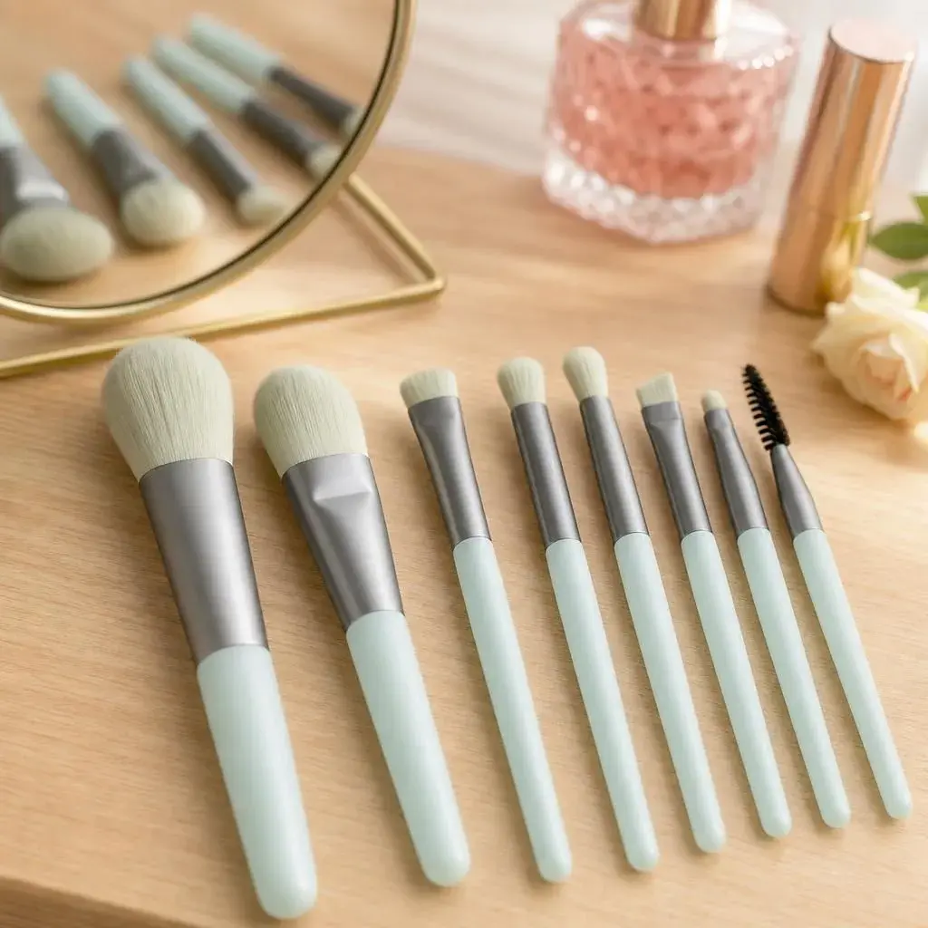 Mini Set Profesional 8 Pensule de Machiaj, cu Peri Moi și Densi, pentru Fond de Ten, Pudră, Blush, Fard și Sprâncene, Albastru Pastel (6)
