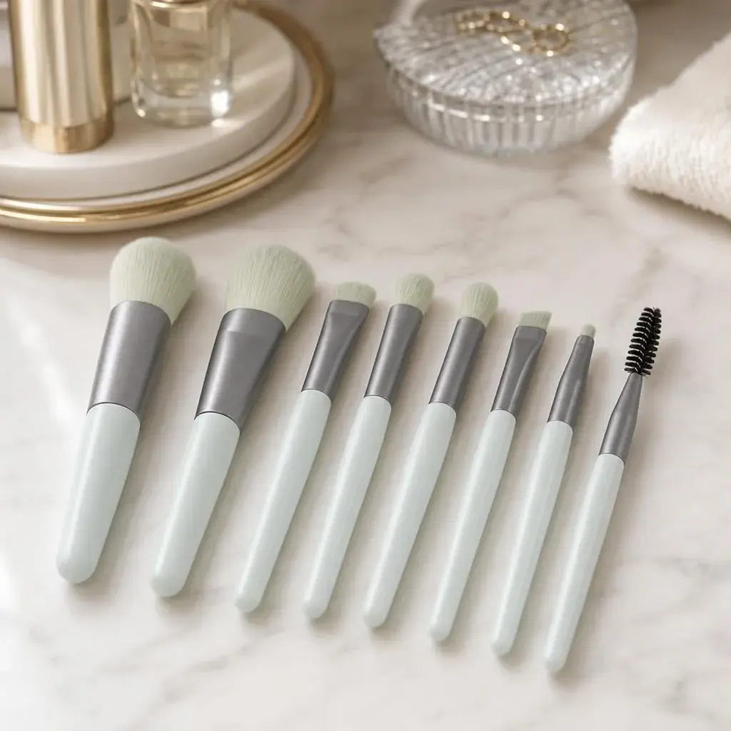 Mini Set Profesional 8 Pensule de Machiaj, cu Peri Moi și Densi, pentru Fond de Ten, Pudră, Blush, Fard și Sprâncene, Albastru Pastel (8)