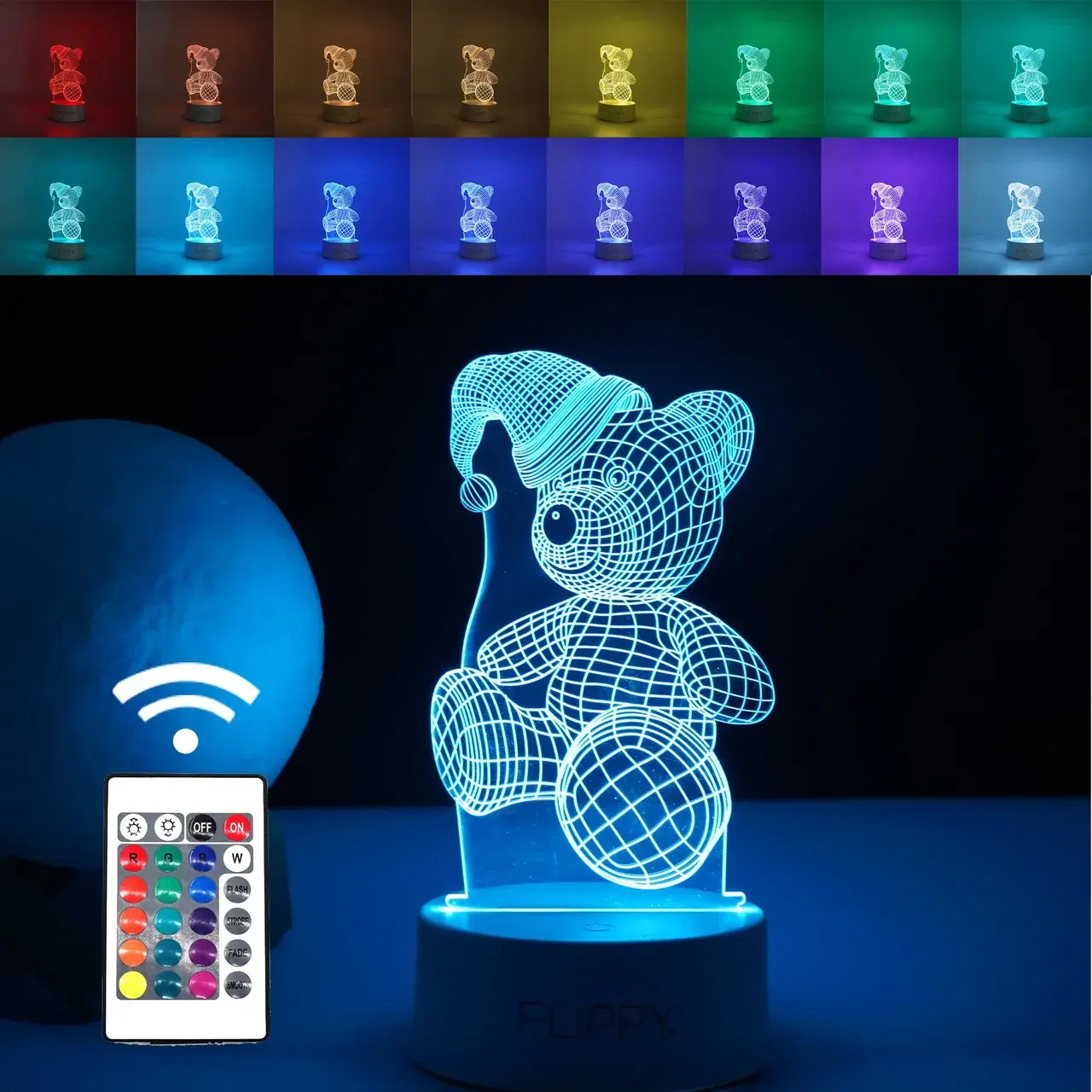 Lampa LED decorativa, 3D, Urs cu palarie, cu telecomanda, doua moduri de alimentare USB si baterii, 20 cm inaltime, din material acril si lumina multicolora, alb