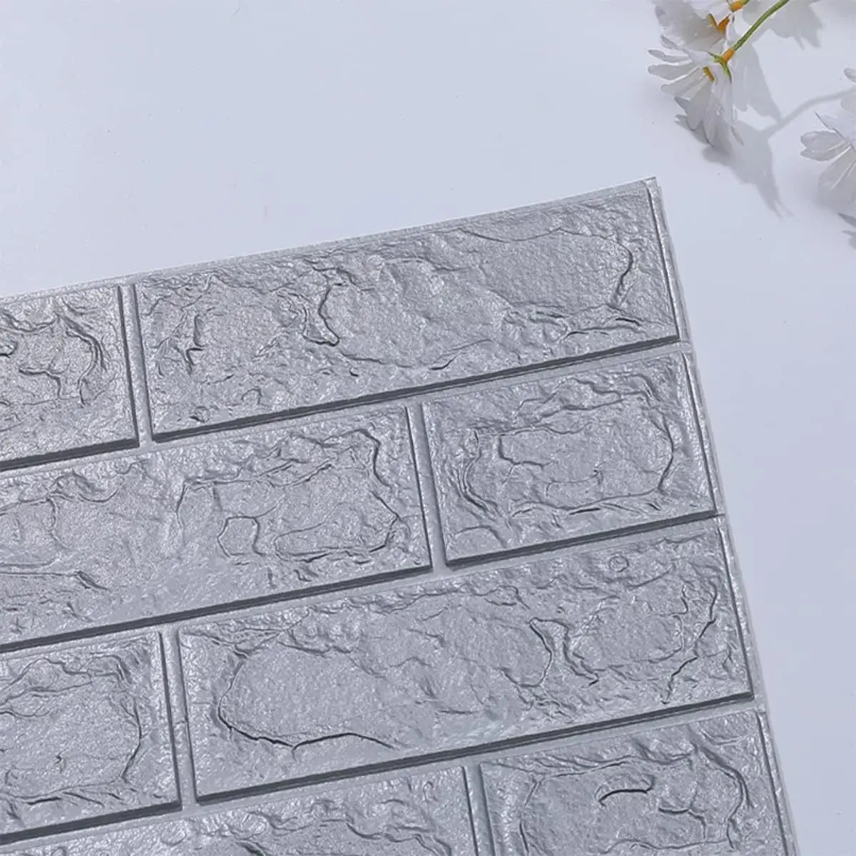 Set 10 Placi Tapet 3D, 70 x 77 cm, Grosime 3 mm, din Polietilena, Model Caramida, Suprafata acoperita 5.3 mp, Argintiu (5)